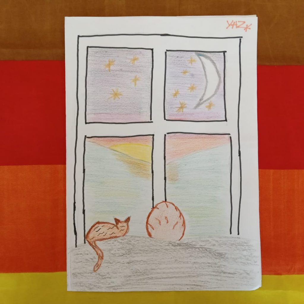 A drawing of two cats sat looking out of a window into the night sky