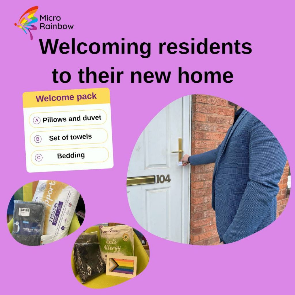 Welcoming residents to their new home. Welcome pack: 1. pillows and duvet; 2. set of towels; 3. bedding. Man opening a front door with keys