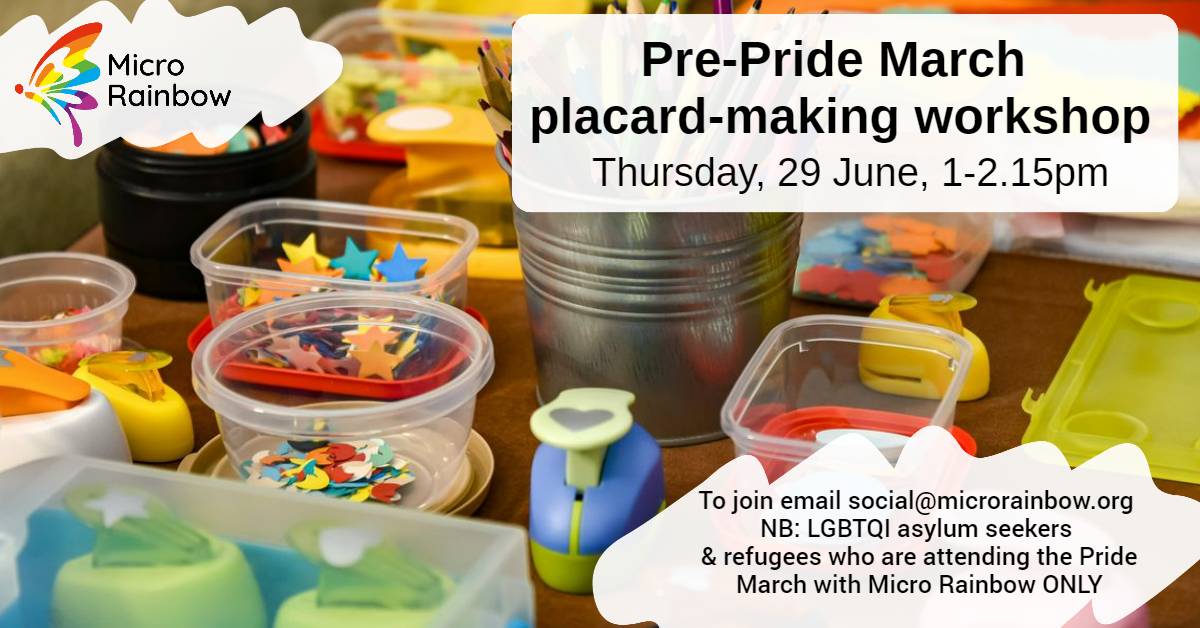 Pre-Pride March placard-making workshop, Thursday 29th June, 1-2.15pm