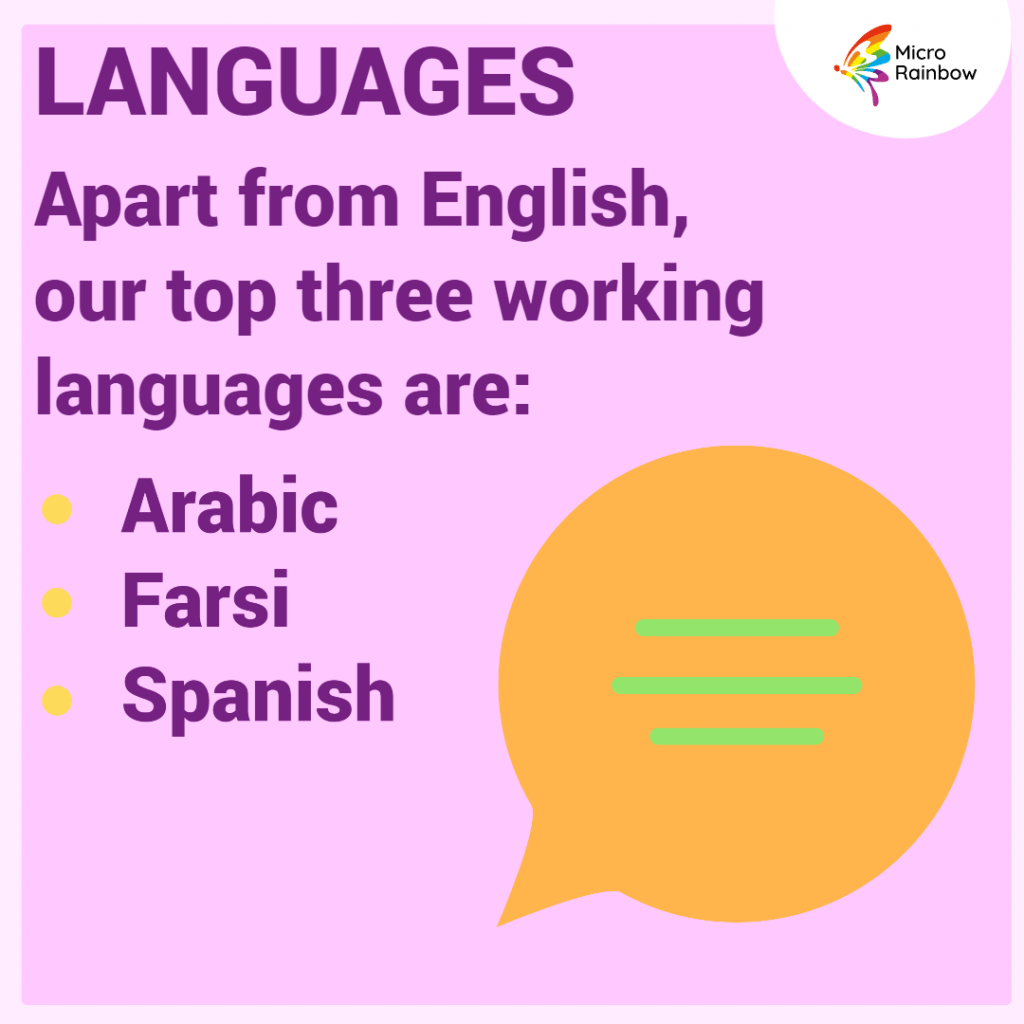 LANGUAGES: apart from English, our top three working languages are Arabic, Farsi and Spanish