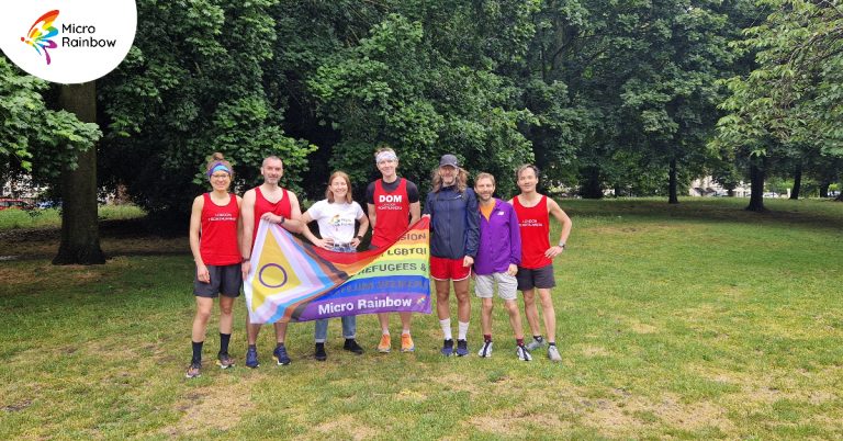 Members of London Frontrunners and the Pride Run Committee with Rosalind Duignan-Pearson from Micro Rainbow